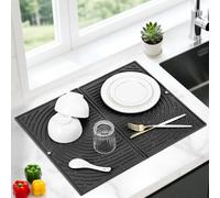 Silicone Draining Board Mats, Large Dish Drying Mat for Kitchen Counter, Folding Sink Drainer Mat, Non-Slip Silicone Trivet, Quick Drying, Heat Resistant, for Sink Countertop, 51×41cm (Black)
