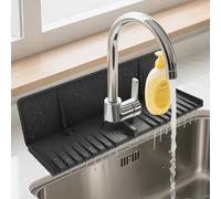Silicone Faucet Drip Catcher Tray Mat - Upgraded Design - Sink Backsplash Guard Behind Faucet, Silicone Faucet Mat for Dish Soap Sponge Holder, Kitchen Counter Bathroom Kitchen Sink Splash Guard-Black