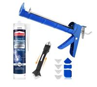 Silicone Gun and Unibond Kitchen and Bathroom White Caulk Sealant Set Including Silicon Scraper and Sealant Finishing Kit