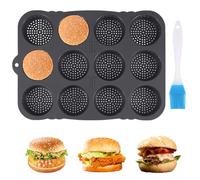Silicone Hamburger Bun Mold, Hamburger Bun Pan 12 Cavity,Non-Stick Egg Muffin Baking Pan with Oil Brush,Flexible Burger Bread Tray,Reusable Bread Tray for Hamburger Chocolate Cake Pie Custard Tart