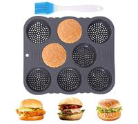 Silicone Hamburger Bun Mold, Hamburger Bun Pan 8 Cavity,Non-Stick Egg Muffin Baking Pan with Oil Brush,Flexible Burger Bread Tray,Reusable Bread Tray for Hamburger Chocolate Cake Pie Custard Tart