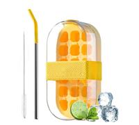 Silicone Ice Cube Tray with Lid, 2025 Upgraded Ice Cube Bottle with Straw, Flexible Silicone Ice Cubes Moulds, Easy to Remove Tray for Freezer Cocktail Whiskey Drinks Coffee Juice (Yellow*1)