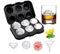 Silicone Ice Cube Tray with Lid 6-Cavity 3D Rose Diamond Sphere Ice Ball Maker Food Grade Large Ice Cube Moulds with Funnel Easy Release Reusable for Whiskey & Cocktails Juices Black