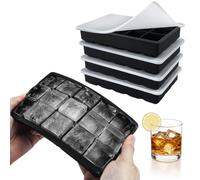 Silicone Ice Cube Trays CNMTCCO 4 Pack Ice Cube Tray with a Total of 60 compartments, Large Square ice Cubes 3.5 cm for Whiskey, Cocktail, Wine, ice Cream (Black + Silicone Soft lid)