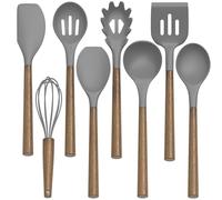 Silicone Kitchen Cooking Utensil Set, 9Pcs Kitchen Utensils Spatula Set with Wooden Handle for Nonstick Cookware, 446°F Heat Resistant Silicone Kitchen Gadgets Utensil Set with Large Holder（Grey）