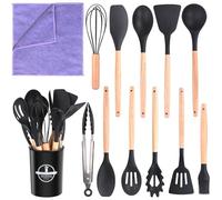 Silicone Kitchen Utensil Set, 12 PCS Cooking Utensils Set with Wooden Handle, Heat Proof Kitchen Tools Gadgets Include Turner Tongs Spatula Spoon for Nonstick Cookware