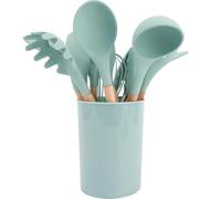 Silicone Kitchen Utensil Set, 12 Pieces, Wooden Handle, Heat Resistant, Non-Stick, Dishwasher Safe (Mint)