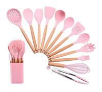 Silicone Kitchen Utensil Set, 13 Piece Non-Stick Cooking Utensils Baking Spatulas Set with Holder, Heat Resistant Kitchen Tools Turners Safe for Cookware, Wooden Handle & Non Toxic (Soft Pink)