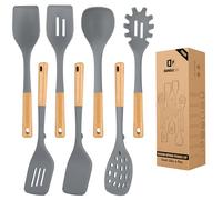 Silicone Kitchen Utensil Set for Non Stick Cookware, 7 Pcs Heat Resistant Cooking Utensils with Wooden Handle, BPA Free Kitchen Tools with Spatulas, Spoons, Skimmer and Pasta Fork (Gray)