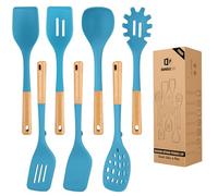 Silicone Kitchen Utensil Set for Non Stick Cookware, 7 Pcs Heat Resistant Cooking Utensils with Wooden Handle, BPA Free Kitchen Tools with Spatulas, Spoons, Skimmer and Pasta Fork (Blue)