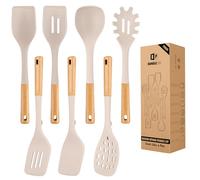Silicone Kitchen Utensil Set for Non Stick Cookware, 7 Pcs Heat Resistant Cooking Utensils with Wooden Handle, BPA Free Kitchen Tools with Spatulas, Spoons, Skimmer and Pasta Fork (Khaki)