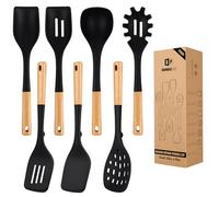 Silicone Kitchen Utensil Set for Non Stick Cookware, 7 Pcs Heat Resistant Cooking Utensils with Wooden Handle, BPA Free Kitchen Tools with Spatulas, Spoons, Skimmer and Pasta Fork (Black)