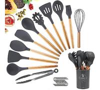 Silicone Kitchen Utensils 12 Sets, Wuudi Cooking Utensils Set Kitchenware with Premium Wood Handles Grey + 12 Pack S Hooks