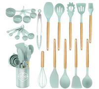 Silicone Kitchen Utensils, 22 Pieces, Set of Utensils Da Cucina per Pentole Antiaderenti, Heat and Non-Stick with Wooden Handle for Utensils BPA Free (Light Green)