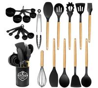 Silicone Kitchen Utensils 22 Pieces, Set of Utensils da Cucina per Pentole Antiaderenti, Heat and Non-Stick with Wooden Handle for Utensils BPA Free (Black)