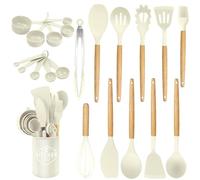 Silicone Kitchen Utensils 22 Pieces, Set of Utensils da Cucina per Pentole Antiaderenti, Heat and Non-Stick with Wooden Handle for Utensils BPA Free (Milky)
