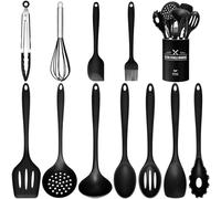 Silicone Kitchen Utensils Set - 12pcs Cooking Utensils Set with Holder, BPA Free Food Grade Non Stick Coating Silicone Spatulas Kitchen Utensils, Heat Resistant & Easy Clean, Black