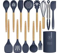 Silicone Kitchen Utensils Set Heat Resistant 230ºC Spatula Set with Wooden Handles and Holder BPA Free Gadgets for Nonstick Cookware (Navy Blue)
