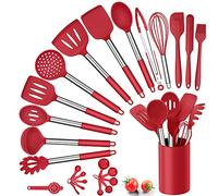 Silicone Kitchen Utensils Set, Herogo 25 Pcs Cooking Utensil with Holder, Heat Resistant Kitchen Tools with Stainless Steel Handle for Non-Stick Cookware, Turner Spatula Spoon Tong Brush Whisk, Red