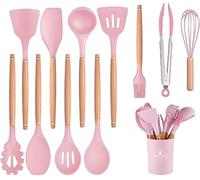 Silicone Kitchen Utensils Set with Holder 12 PCS Cooking Utensils Set with Wooden Handle Heat Resistant Kitchen Gadgets Utensil Set Kitchen Accessories (Pink)