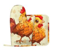 Silicone Left Oven Gloves and Pot Holder Set of 2 Pcs, Chicken Chick Printed Heat Resistant Kitchen Gloves and Potholder for Cooking Baking Grilling