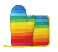 Silicone Left Oven Gloves and Pot Holder Set of 2 Pcs, Colorful Rainbow Stripe Printed Heat Resistant Kitchen Gloves and Potholder for Cooking Baking Grilling