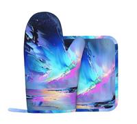 Silicone Left Oven Gloves and Pot Holder Set of 2 Pcs, Northern Lights Painting Printed Heat Resistant Kitchen Gloves and Potholder for Cooking Baking Grilling