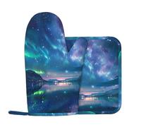 Silicone Left Oven Gloves and Pot Holder Set of 2 Pcs, Northern Lights Printed Heat Resistant Kitchen Gloves and Potholder for Cooking Baking Grilling