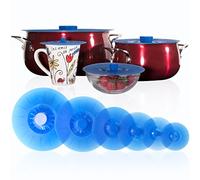 Silicone Lids Extra Large Blue Set of 6 Sturdy Suction Seal Covers. Universal fit for Pots, Fry Pans, Cups and Bowls 5" to 12". Natural grip handles that interlock for easy use and storage. Food Safe.