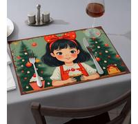 Silicone Mats For Kitchen Counter A Girl With A Red Bow Holds A Cupcake In Front Of Christmas Trees Dining Place Mats Decorative Plates Easter Placemats(4PCS)
