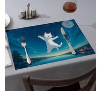Silicone Mats For Kitchen Counter A Happy White Cat Floating In The Night Sky Over A Serene Lake Dining Place Mats Decorative Plates Easter Placemats(4PCS)