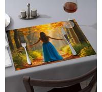 Silicone Mats for Kitchen Counter A Woman in A Blue Dress Walks Through an Autumn Forest Dining Place Mats Decorative Plates Easter Placemats(4PCS)