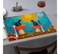 Silicone Mats For Kitchen Counter Two Black Cats Sitting On Red Mushrooms Under A Bright Sun Dining Place Mats Decorative Plates Easter Placemats(4PCS)