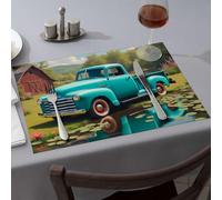 Silicone Mats For Kitchen Counter Vintage Blue Pickup By The Pond Dining Place Mats Wipeable Placemats Kitchen And Dining(4PCS)