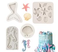 Silicone Mold Ocean Theme Set of 4 - Marine Style Cake Mold with Shell, Seahorse, Mermaid Tail, Sea Creature - Reusable Food Grade Molds for Chocolate, Candy, Ice, Fondant, Soap Making - Hea