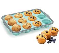 Silicone Muffin Tray 12 Cup, Non Stick Cupcake Pan with Metal Frame - Foldable & Space Saving, Oven Dishwasher Freezer Safe Baking Mold for Muffins, Cakes, BPA Free, for Beginners (Blue,12cups)