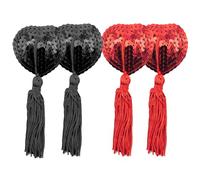 Silicone Nipple Covers for Women, 2 Pairs Sexy Invisible Self-Adhesive Reusable Nipple Pasties with Tassels Heart Shape Nipple Stickers for Couples Party Accessory - Black and Red