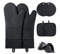 Silicone Oven Gloves Heat Resistant - Funnydin Black Silicone Oven Mitts Heat Resistant - Premium Non-Slip Design Kitchen Gloves, Include Cooking Potholder and Air Fryer Oven Gloves