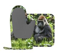 Silicone Oven Mitts and Pot Holders Set of 2, Non-Slip Heat Resistant Oven Mitten Gorilla in The Grass (2) Potholders Trendy Kitchen Decor Ideal for BBQ Cooking, Grilling Baking