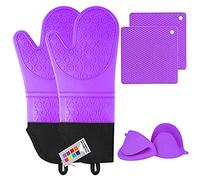 Silicone Oven Mitts and Pot Holders Sets, MTZRFLL Extra Long Heat Resistant Oven Gloves with Hot Pads and Mini Oven Mits Set for Kitchen Cooking Baking, Soft Quilted Lining, Pack of 6 (Purple)