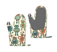 Silicone Oven Mitts Set of 2 Cute Cartoon Robots Oven Gloves for Women Men Heat Resistant Grill Gloves Waterproof Non-Slip BBQ Gloves for Kitchen Cooking