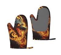 Silicone Oven Mitts Set of 2 Fire Chinese Dragon Oven Gloves for Women Men Heat Resistant Grill Gloves Waterproof Non-Slip BBQ Gloves for Kitchen Cooking