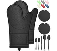 Silicone Oven Mitts with Heat-Resistant Hot Pads and Five Spatulas Set Designed for Kitchen Baking Cooking, Oven Glove Soft Cotton Lining, Waterproof, BPA-Free (Black, 12.6)