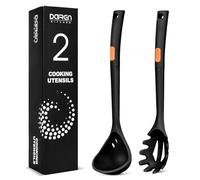 Silicone Pasta Fork and Ladle Spoon Set, Large Non Stick Kitchen Utensils for Cooking,Stirring,One Piece Serving Spaghetti, Soup, Sauce (BLACK)