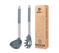 Silicone Pasta Fork and Ladle Spoon Set, Large Non Stick Kitchen Utensils for Cooking,Stirring,Serving Spaghetti, Soup, Sauce(Gray)