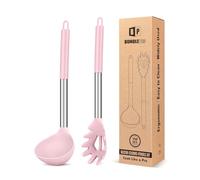 Silicone Pasta Fork and Ladle Spoon Set, Large Non Stick Kitchen Utensils for Cooking,Stirring,Serving Spaghetti, Soup, Sauce (PINK)