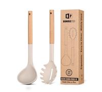 Silicone Pasta Fork and Ladle Spoon Set with Wooden Handle, Heat Resistant Non Stick Kitchen Utensils for Cooking, Stirring, Serving Spaghetti, Soup, Sauce (Khaki)