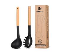 Silicone Pasta Fork and Ladle Spoon Set with Wooden Handle, Heat Resistant Non Stick Kitchen Utensils for Cooking, Stirring, Serving Spaghetti, Soup, Sauce (Black)