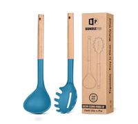 Silicone Pasta Fork and Ladle Spoon Set with Wooden Handle, Heat Resistant Non Stick Kitchen Utensils for Cooking, Stirring, Serving Spaghetti, Soup, Sauce (Blue)