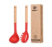 Silicone Pasta Fork and Ladle Spoon Set with Wooden Handle, Heat Resistant Non Stick Kitchen Utensils for Cooking, Stirring, Serving Spaghetti, Soup, Sauce(RED)